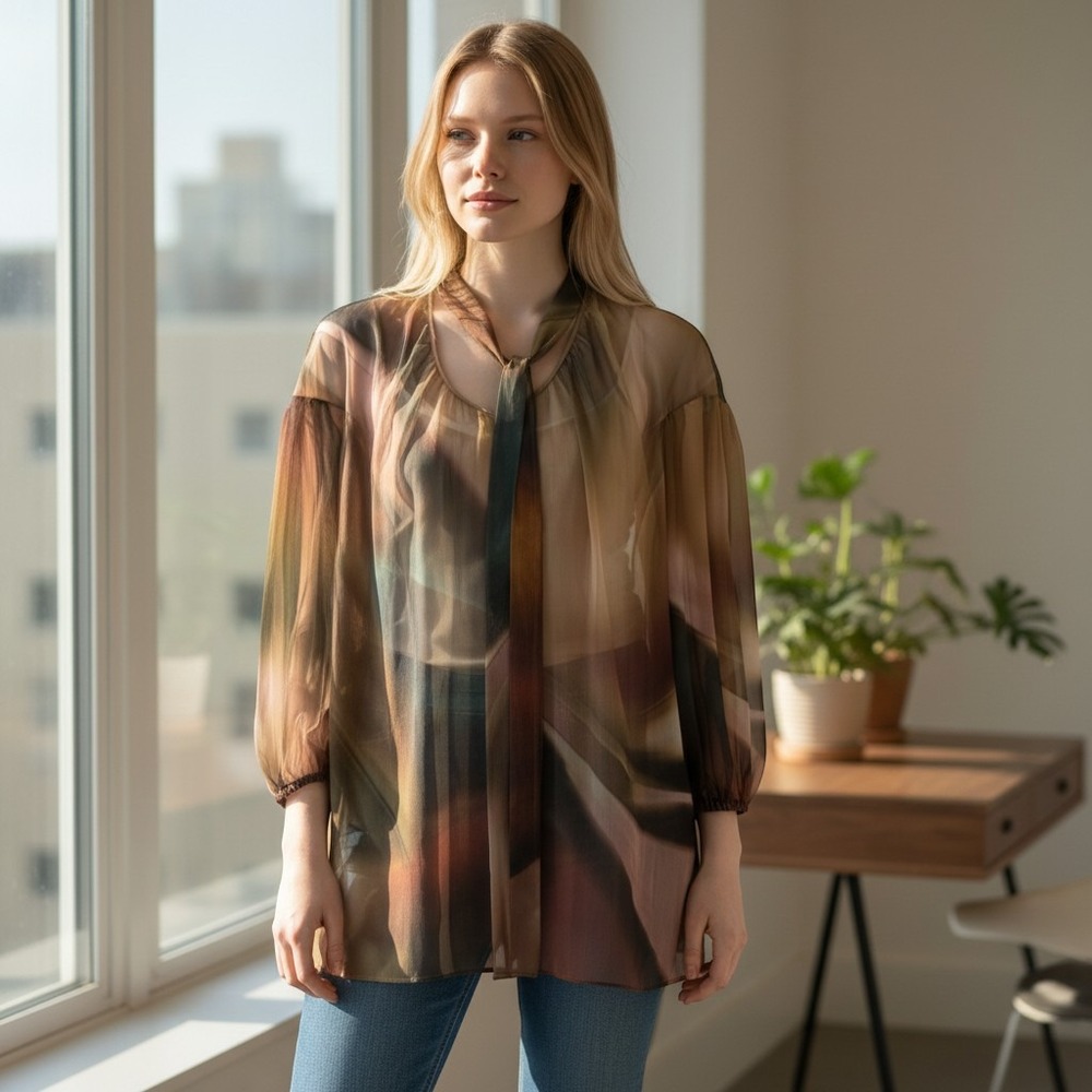 Marina Rinaldi Festante Blouse Women Size 12 Tie Neck Abstract Sheer NWT $765